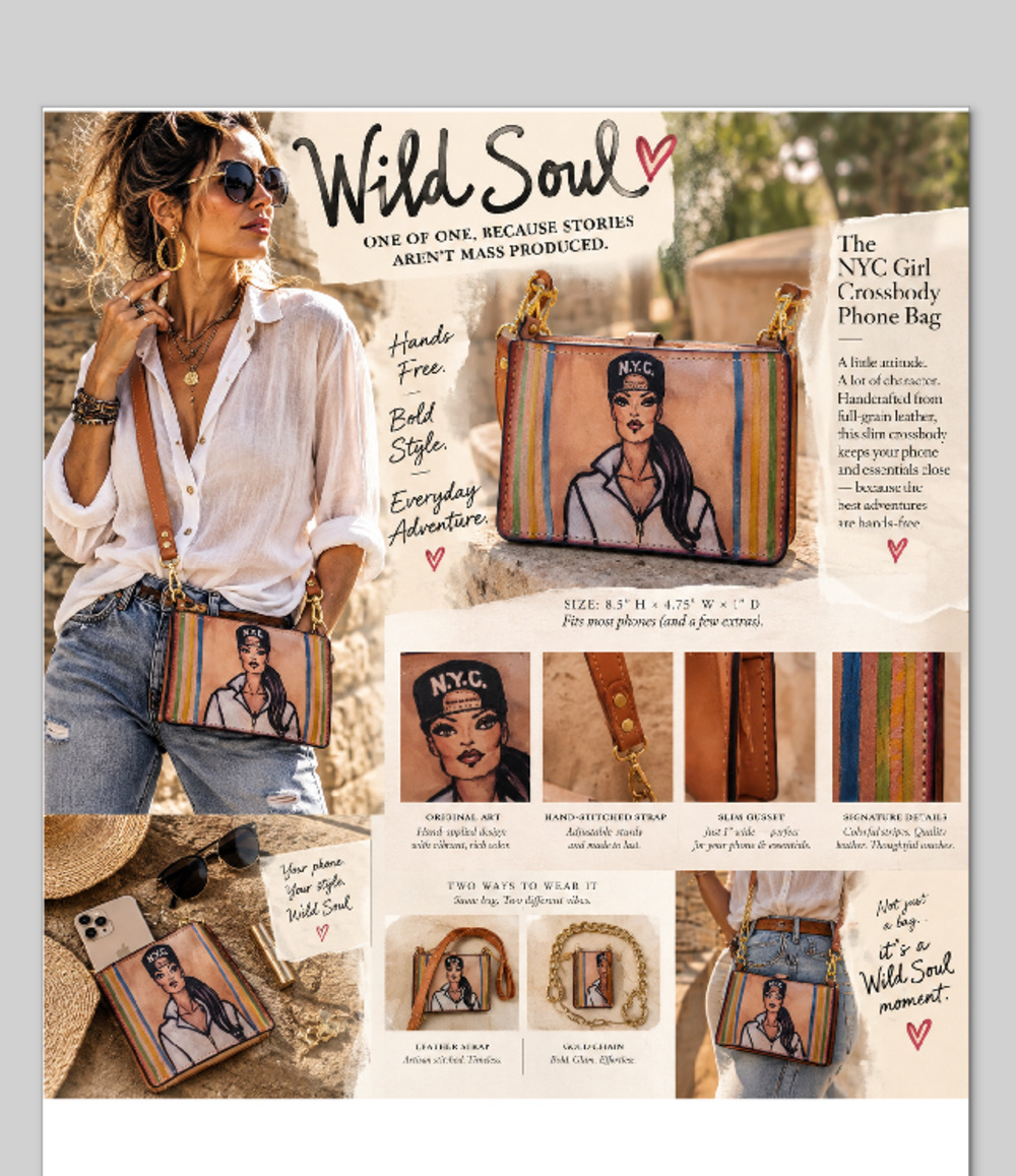Slim cross - body bag Hand painted, handstitched Premium Veg Tan leather
